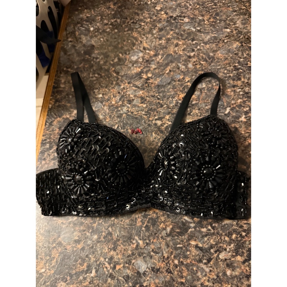 Black Beaded Sequin Festival Bra Top Rave Wear Embellished Push Up 38/85